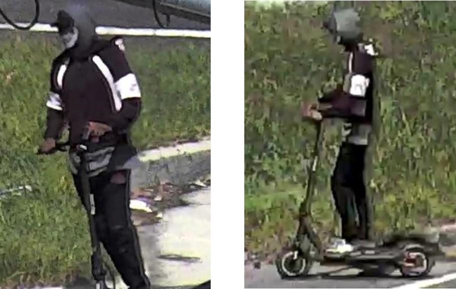 Two photos of the same person on an e-scooter.