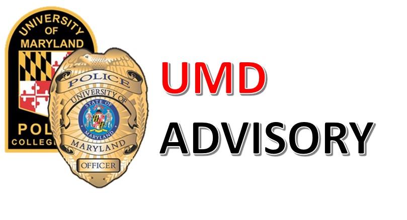 UMD Advisory graphic with text and UMPD patch and badge logo.