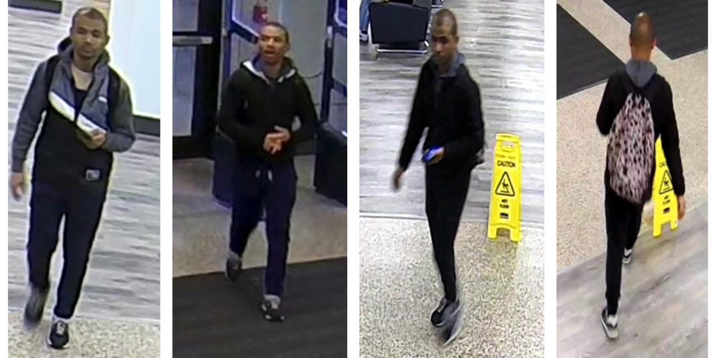 A collection of four photos of the same person seen walking.