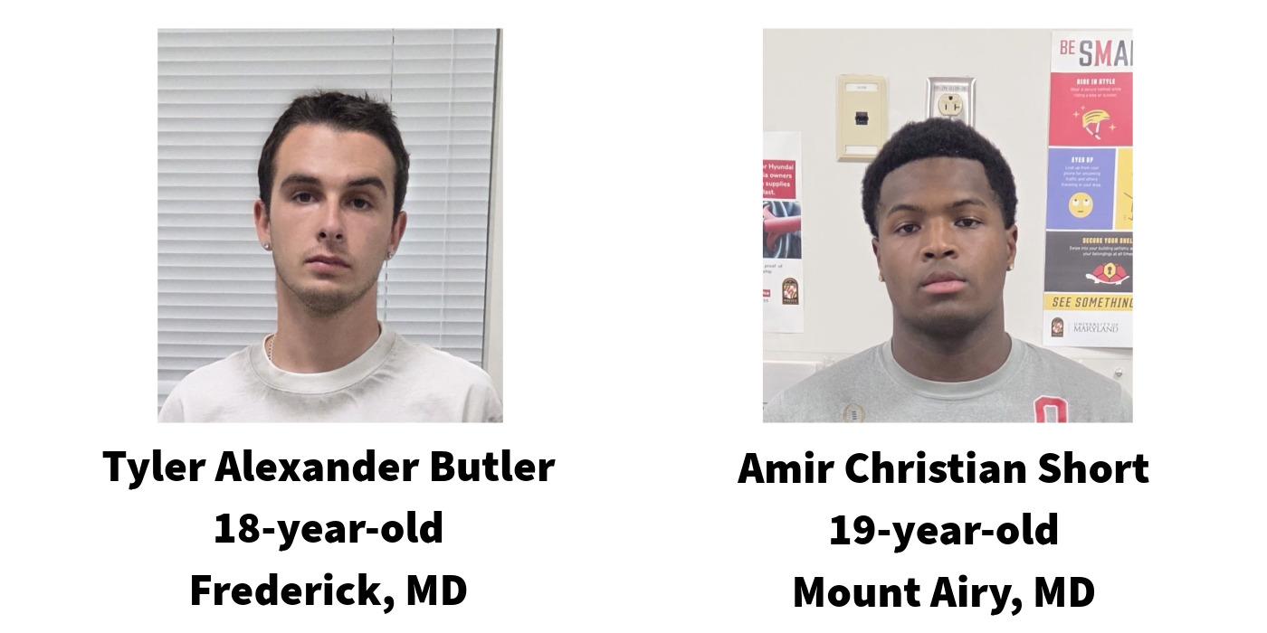 A photo on the left of a man wearing a white t-shirt above the text: Tyler Alexander Butler - 18-year-old - Frederick, MD. A photo on the right of a man wearing a grey t-shirt above the text: Amir Christian Short - 19-year-old - Mount Airy, MD.