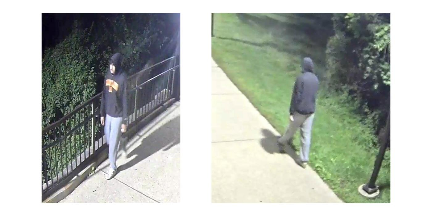 Two photos of critical missing student. First photo of student wearing a black University of Maryland hooded sweatshirt, grey sweatpants, and white shoes. Second photo of the back side of the student wearing a black hooded sweatshirt, grey sweatpants, and white shoes.  