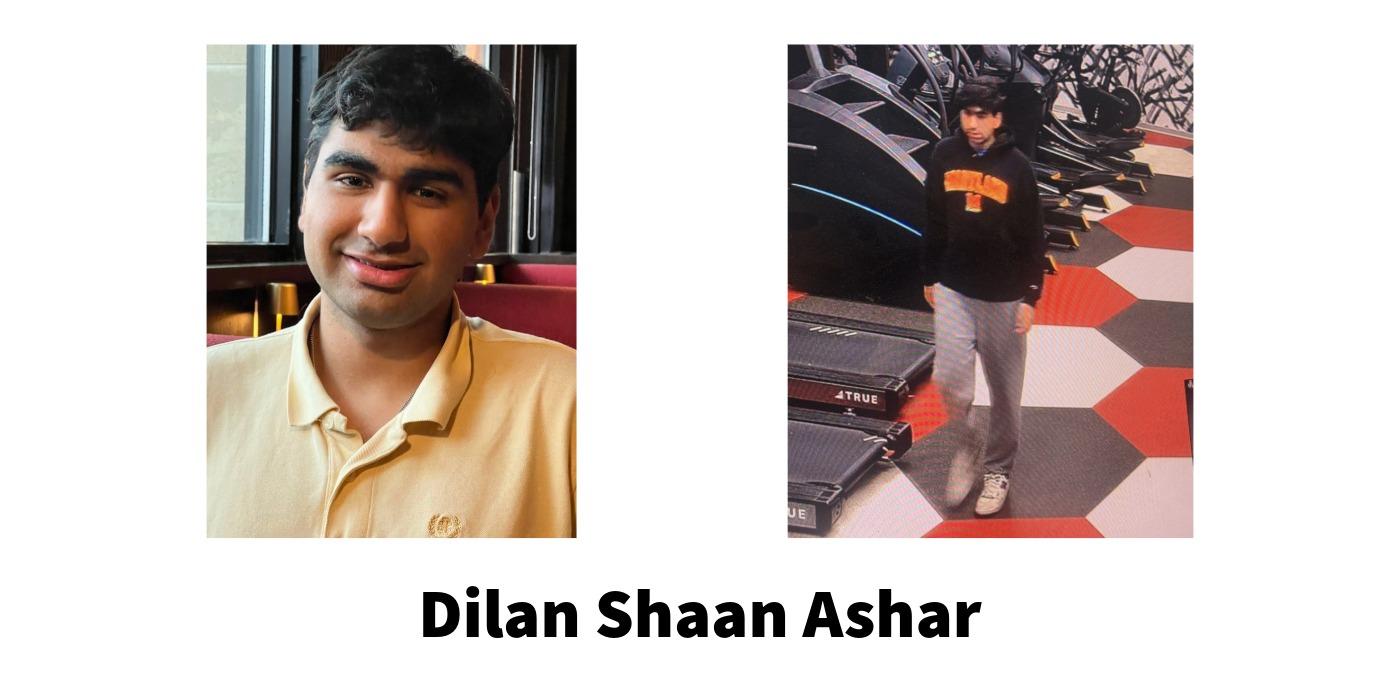 Two photos of a critical missing student - First photo of a man wearing a yellow shirt. Second photo of the same man wearing a black University of Maryland hooded sweatshirt, grey sweatpants, and white shoes. Name is Dilan Shaan Ashar.